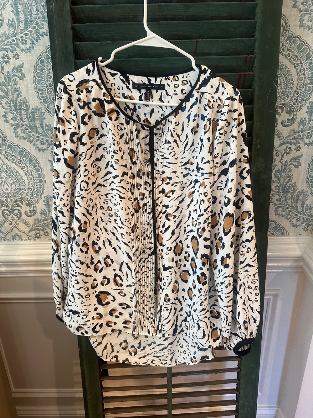 White House Black Market Leopard Print Blouse in Cream, Black and Tan